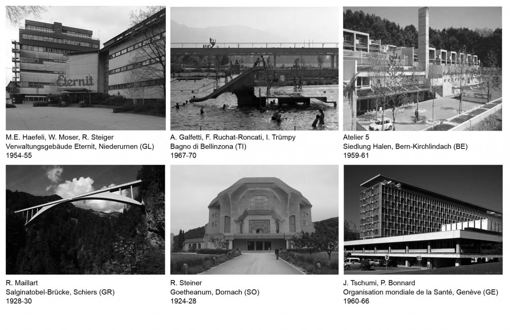 goetheanum, steiger haefeli moser Bagno Bellinzona Galfetti Eternit Ruchat Trümpy Tschumi Organisation mondiale de la Santé Bonnard Maillart Salginatobel Steiner Siedlung Halen Atelier 5